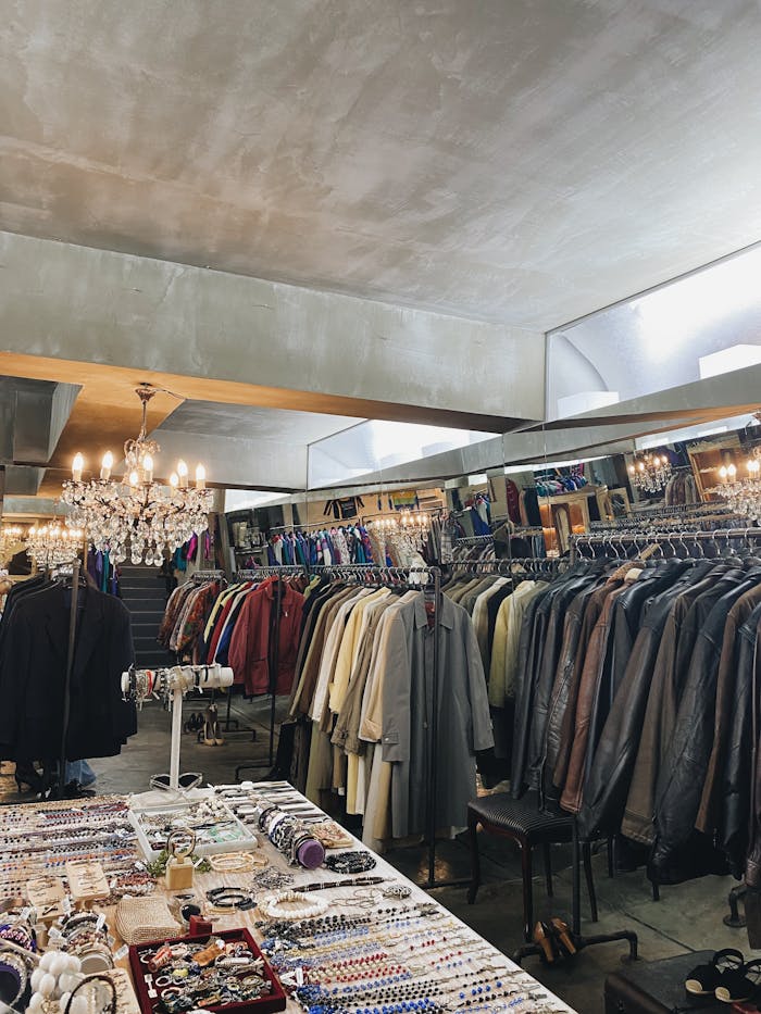 The Art of Drawing Readers In: Your attractive post title goes here Charming vintage clothing store interior with elegant chandeliers and racks of colorful garments.